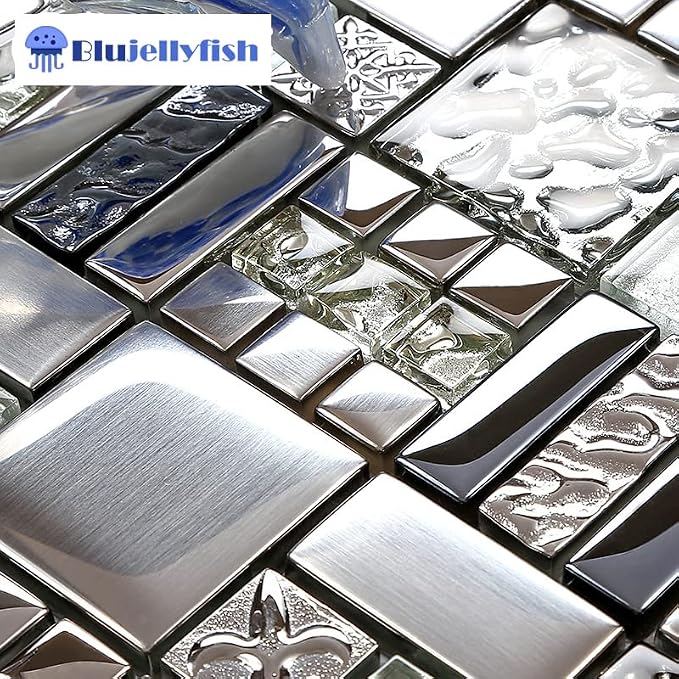 Metallic Glass Mosaic Tiles Silver Gray 100% Glass Tile Water Resistant for Kitchen Backsplash Bathroom Shower Accent Wall Decor TSTGT151 (5 Square Feet)