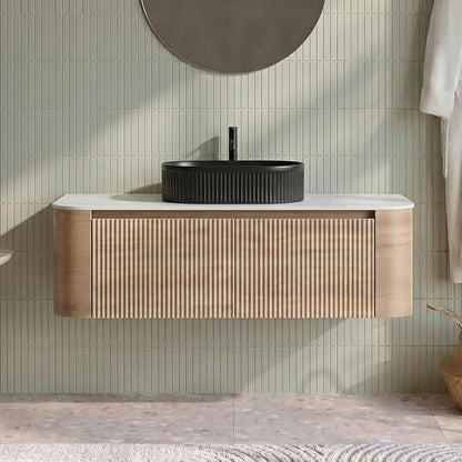 48" Preassembled Floating Bathroom Vanity with Black Sink, Oak | Mid-Century Modern Style, Fluted & Soft-Close Drawer with U-shaped Wall, Sinterted Stone Countertop, Towel Rack Included