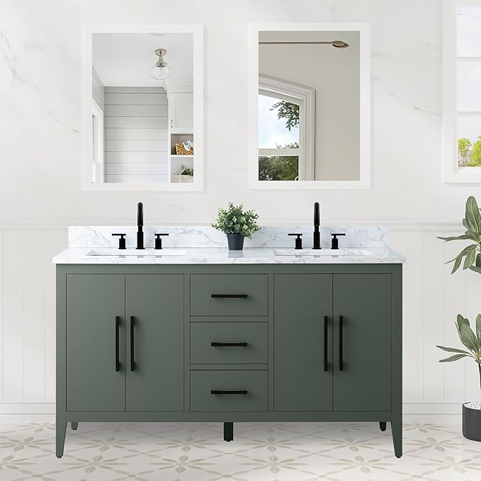 HomeBeyond 60 Inch Bathroom Vanity with Sink & Ceramic Top, Double Vanity Cabinet with Basin, Soft-Closing Doors & Matte Black Hardware, Vintage Green