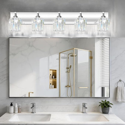 Brushed Chrome Crystal Bathroom Vanity Light, 5-Light Modern Bathroom Lighting Fixtures Over Mirror,Chrome Wall Sconce Light Fixtures with Round Shade