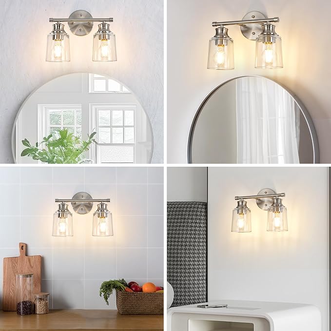 Bathroom Light Fixtures Over Mirror, 2 Lights Vanity Lights with Clear Glass Shade, 12.1" Brushed Nickel Farmhouse Bathroom Wall Light Fixtures for Bedroom, Hotel, Mirror Cabinet
