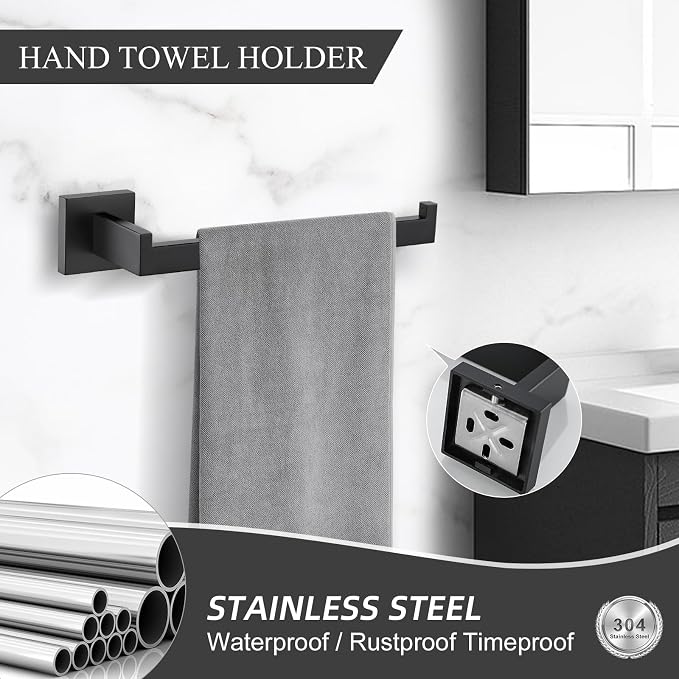 TURS Bathroom Hardware Set Black 4-Piece Towel Bar Set Include 24 Inch Towel Bar Hand Towel Holder Towel Hook Toilet Paper Holder with Shelf Wall Mounted Stainless Steel Bathroom Accessories Set