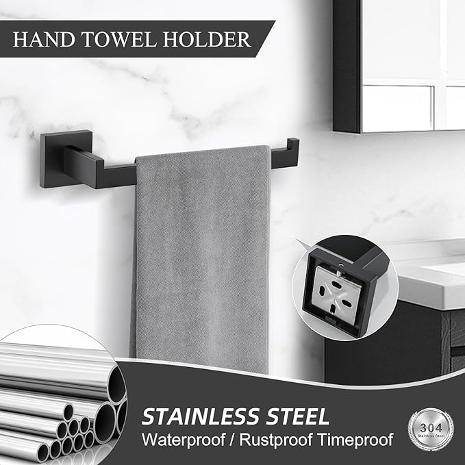 TURS Bathroom Hardware Set Black 4-Piece Towel Bar Set Include 24 Inch Towel Bar Hand Towel Holder Towel Hook Toilet Paper Holder with Shelf Wall Mounted Stainless Steel Bathroom Accessories Set