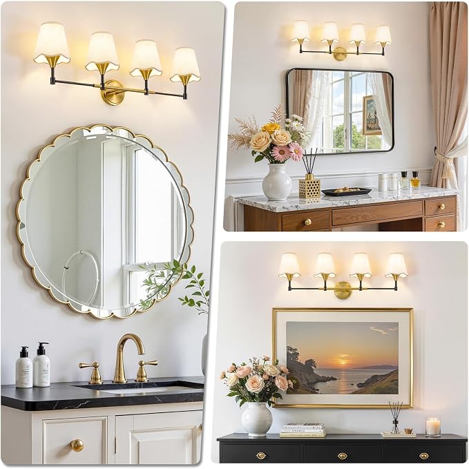Black Gold Bathroom Vanity Light: 4 Light Vanity Lighting Fixtures with Flared Fabric Shade, Farmhouse Bathroom Lighting Fixtures over Mirror, Wall Sconce Lights for Bedroom Hallway Living Room