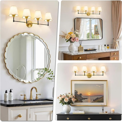 Black Gold Bathroom Vanity Light: 4 Light Vanity Lighting Fixtures with Flared Fabric Shade, Farmhouse Bathroom Lighting Fixtures over Mirror, Wall Sconce Lights for Bedroom Hallway Living Room