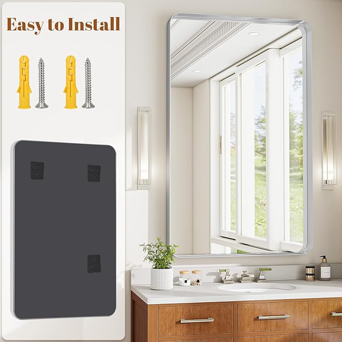 Bathroom Mirrors for Over Sink 30 x 48 Inch Rounded Rectangle Bathroom Vanity Mirror Bathroom Mirror for Wall Hangs Horizontally or Vertically for Living Room Bedroom Entryway Silver