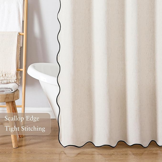 Linen Scallop Shower Curtain with 12 Clear Hooks, Waterproof, 72x84, Cream | Washable Heavy Duty Thick Fabric with Black Border, Neutral Modern Farmhouse Boho Décor