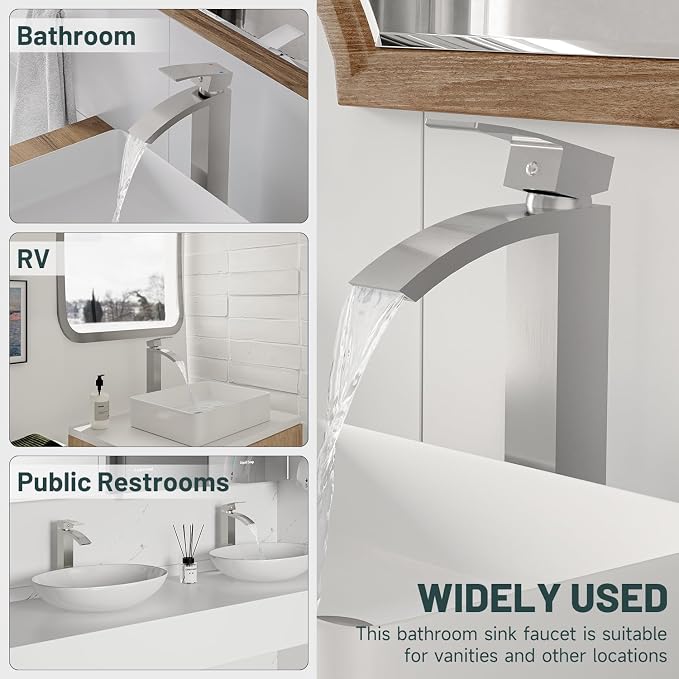 Brushed Nickel Vessel Sink Faucet, Waterfall Bathroom Faucets | Brass, Tall Spout, Single Handle 1 Hole Bathroom Faucet, Modern Basin Taps with Supply Line, Pop Up Drain, Without Overflow