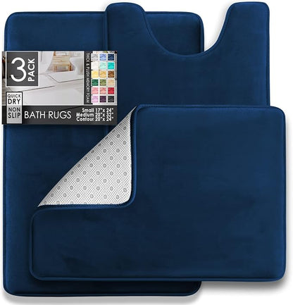 Clara Clark 3 Piece Bathroom Rugs Bath Mat Set, Velvet Memory Foam Bath Mats for Bathroom - Non-Slip, PVC Backing Bath Rugs, Washable - Dries Quickly, Blue