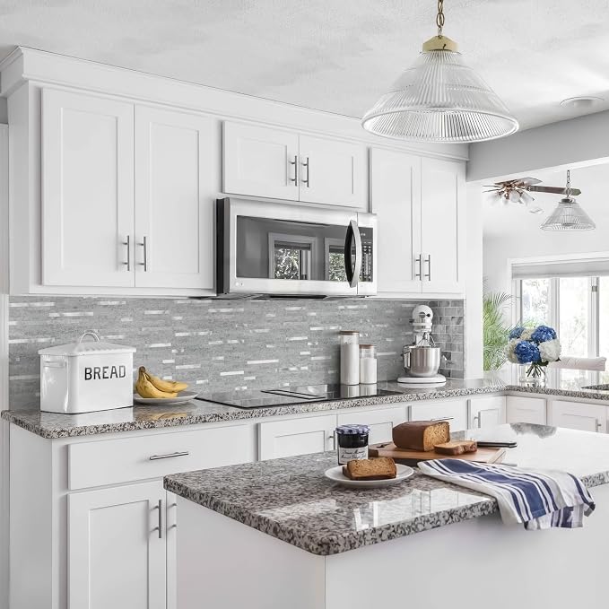 STICKGOO 20 Sheets Peel and Stick Backsplash Tile, Stick on Backsplash for Kitchen and Bathroom, Grey Marble Look PVC Mixed Metal Silver Self Adhesive Wall Tiles