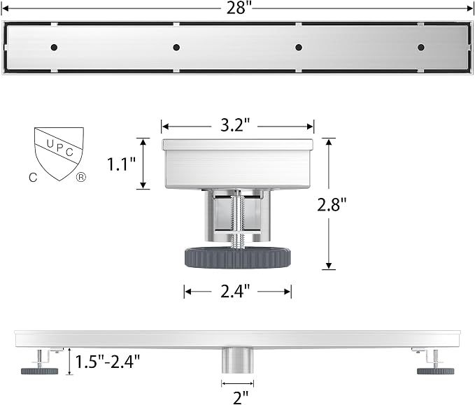 28 Inch Linear Shower Drain with Tile Insert Grate, Brushed | 304 Stainless Steel, Rectangle Tile Floor Drain for Bathroom, with Hair Strainer, Adjustable Feet, cUPC Certified