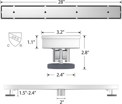 28 Inch Linear Shower Drain with Tile Insert Grate, Brushed | 304 Stainless Steel, Rectangle Tile Floor Drain for Bathroom, with Hair Strainer, Adjustable Feet, cUPC Certified