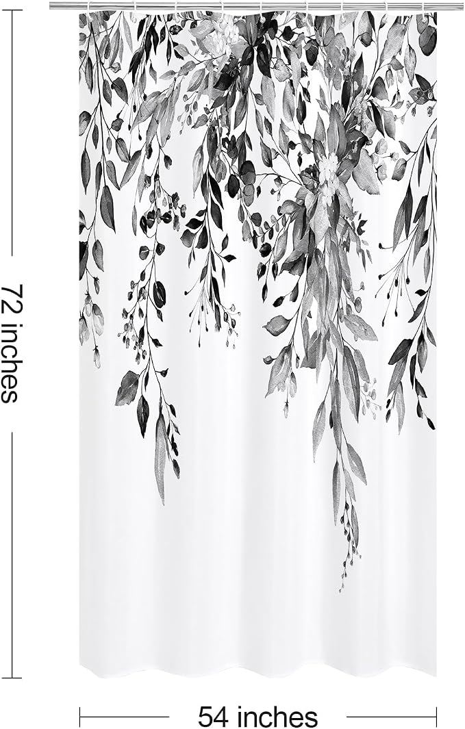 Black Eucalyptus Shower Curtain, Watercolor Floral Print, 54x72 | Watercolor Plant Leaves Floral Print, Stall Waterproof Fabric Bathroom Decor, Machine Washable, Rustproof Grommets