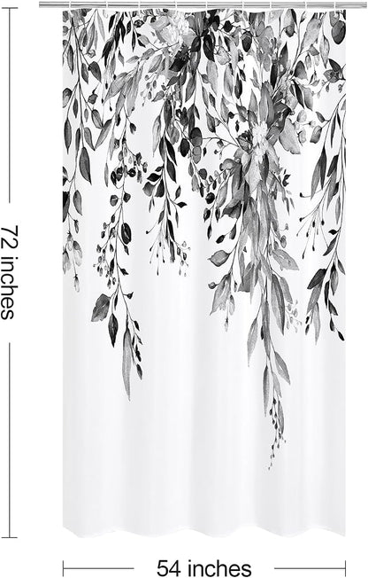 Black Eucalyptus Shower Curtain, Watercolor Floral Print, 54x72 | Watercolor Plant Leaves Floral Print, Stall Waterproof Fabric Bathroom Decor, Machine Washable, Rustproof Grommets