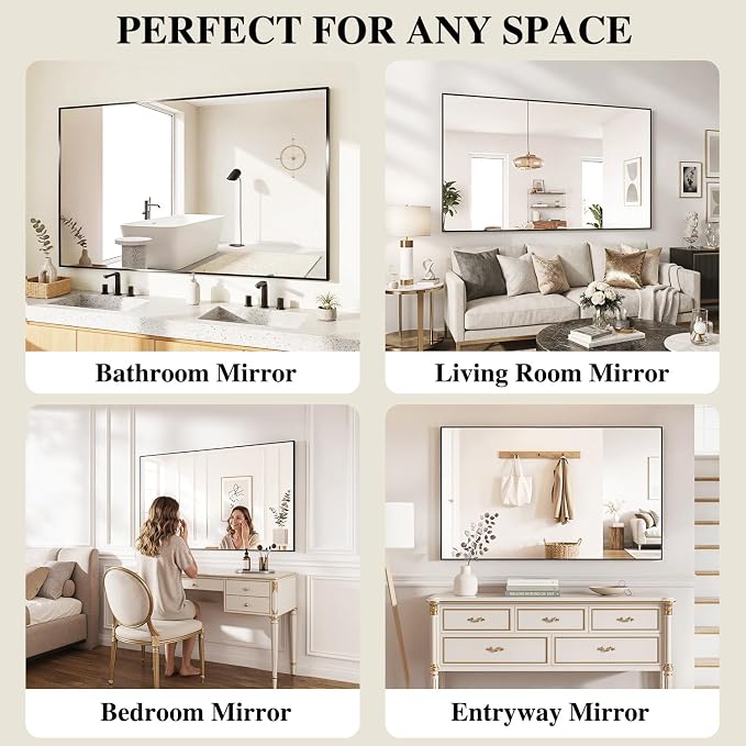 Koonmi Black Rectangle Wall Mirror, 36x40 Inch Bathroom Mirror, Aluminum Frame Vanity Mirror for Entryway, Living Room, Bedroom Bathroom, Hangs Horizontally or Vertically