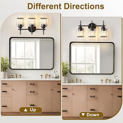 3 Light Black Crystal Vanity Light, Modern Bathroom Vanity Light Over Mirror, Up and Down Mount Wall Sconce Lighting for Bathroom Bedroom Living Room Hallway