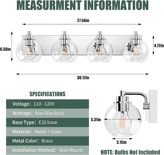 4 Light Bathroom Light Fixtures-Chrome Bathroom Vanity Lights, Modern Vanity Lights 4-Light Bathroom Lighting Fixtures Over Mirror with Clear Glass Globe Shade