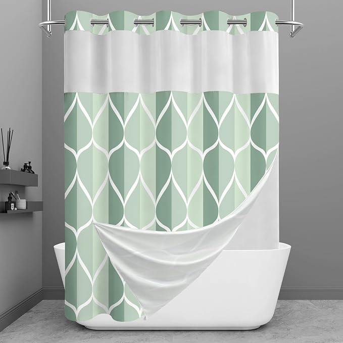 Gelbchu Dark Green No Hook Shower Curtain with Snap-in Liner, 71 x 74 Inch | Built-In Hooks, Mesh Top Window, Water-Repellent, Machine Washable, Quick Drying, Premium Polyester, Hotel Style, Modern