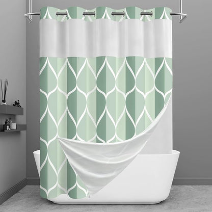 Gelbchu Dark Green No Hook Shower Curtain with Snap-in Liner, 71 x 74 Inch | Built-In Hooks, Mesh Top Window, Water-Repellent, Machine Washable, Quick Drying, Premium Polyester, Hotel Style, Modern
