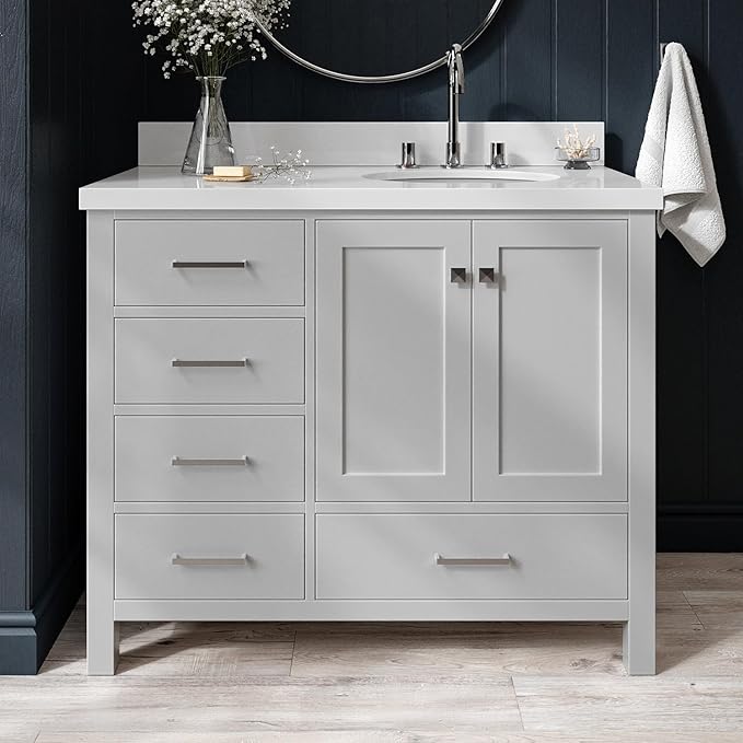 ARIEL Cambridge 42-inch Bathroom Vanity with Sink,Solid Wood, 1.5-inch Pure White Quartz Countertop & Backsplash, Single Oval Porcelain Sink, 2 Soft Closing Doors, 5 Dovetail Drawers, Grey