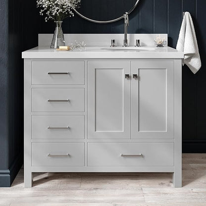 ARIEL Cambridge 42-inch Bathroom Vanity with Sink,Solid Wood, 1.5-inch Pure White Quartz Countertop & Backsplash, Single Oval Porcelain Sink, 2 Soft Closing Doors, 5 Dovetail Drawers, Grey