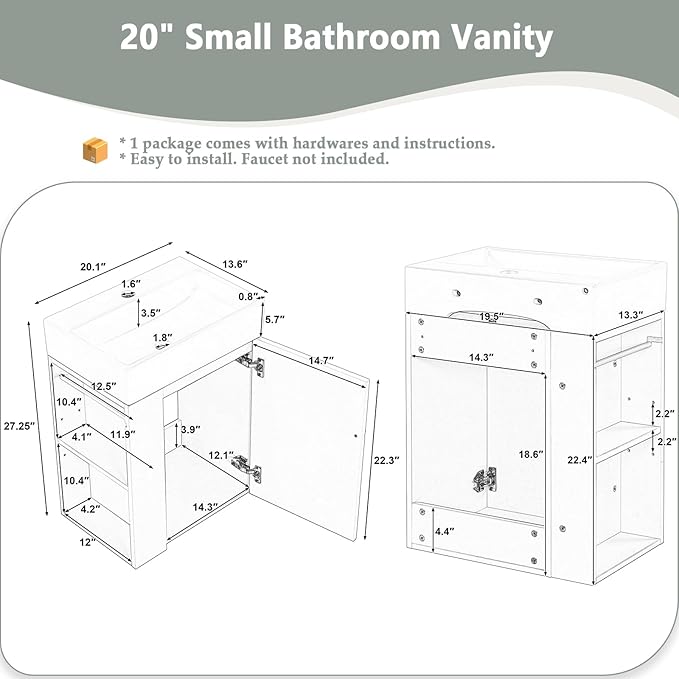 20" Floating Small Bathroom Vanity with Sink, Wall Mounted Vanity for Compact Bathrooms, Space-Saving Narrow Bathroom Vanities with Soft-Close Door Open Shelf Towel Bar (Green,20" Floating Door)