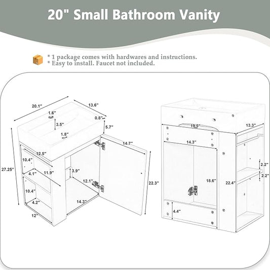 20" Floating Small Bathroom Vanity with Sink, Wall Mounted Vanity for Compact Bathrooms, Space-Saving Narrow Bathroom Vanities with Soft-Close Door Open Shelf Towel Bar (Green,20" Floating Door)