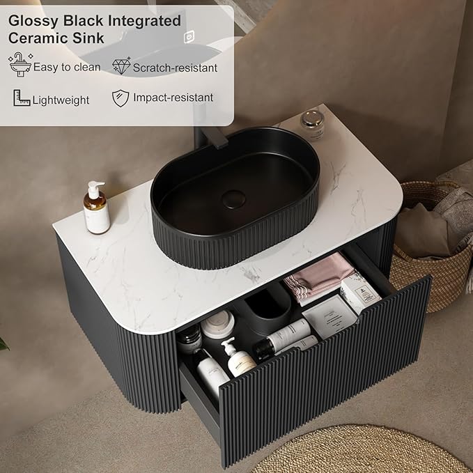 36 inch Floating Bathroom Vanity with Sink, Wall-Mount Black Cabinet with Ultra-Thin Ceramic Basin and Marble Top, Large Storage Drawer, Soft-Close Design