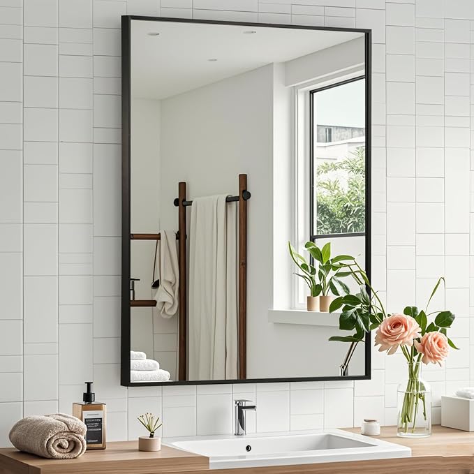 Black Bathroom Mirror, 24"x32" Rectangle Mirror, Matte Black Mirror, Metal Frame Square Corner Vanity Mirror, Wall Mounted Mirror for Modern, Living Room, Bedroom, Horizontal Or Vertical