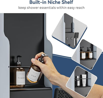 ELLO&ALLO Shower Panel Tower System with Shelf, Rainfall Shower Head and Rain Massage System with Body Jets, Stainless Steel Bathroom Fixtures, Matte Black&Slive