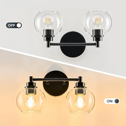 VONLUCE 2 Light Bathroom Vanity Light Fixtures, Black Finish | Globe Glass Shades, E26 Sockets, Easy to install, Vanity Lights for Bedroom Hallway Living Room