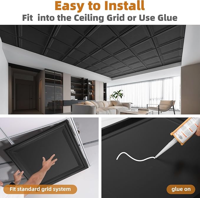 WOWSTAR 12-Pack 24"x24" Drop Ceiling Tiles, Waterproof Glue up Ceiling Panels, Black | PVC ceiling panels, 24"x24", waterproof, glue-up install, basement kitchen bathroom, 12-pack, set C