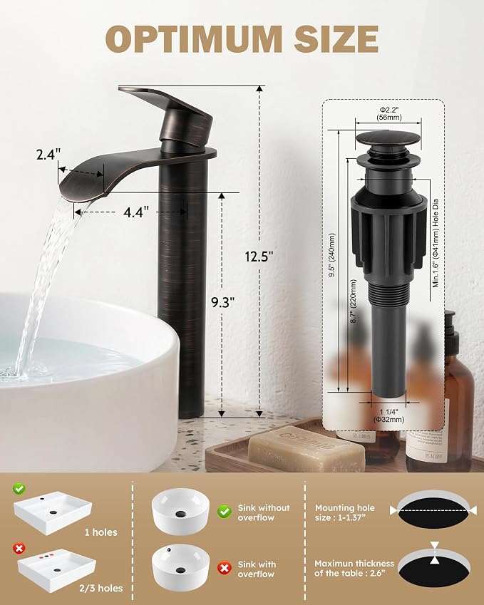 Vessel Sink Faucet Oil Rubbed Bronze：WOWOW Single Handle Tall Bathroom Faucet - Waterfall Single Hole Mixer Bar Tap with Large Rectangular Spout, Deck Mount Lavatory Vanity with Pop Up Drain