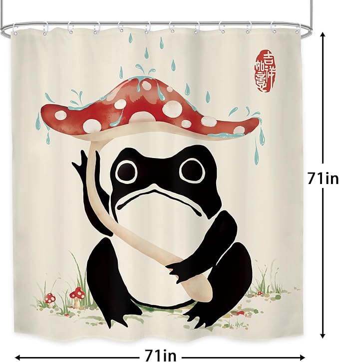 LGhtyro Funny Frog Shower Curtain Bathroom Set 71Wx71H Inches Mushroom Lovely Asian Traditional Black Beige Red Green Grassland Japanese Bath Accessories Cute Art Home Decor Fabric 12 Pack Hooks