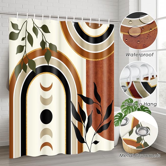 Bathroom Sets with Shower Curtain and Rugs, 4 Pcs, Mid Century Boho | Geometric Abstract Leaves Bathroom Decor Set with Toilet Lid Cover, Non-Slip Bath Mats and Accessories 12 Hooks