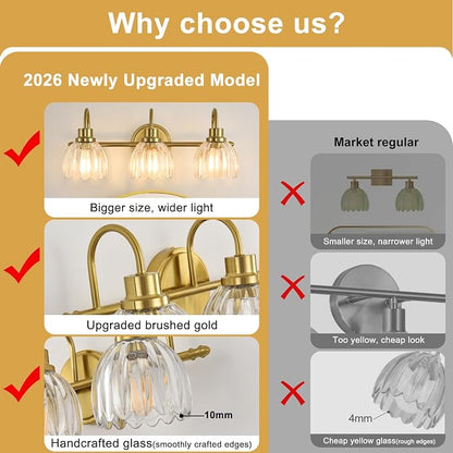Bathroom Light Fixtures (3-Light, 20 Inch), Brushed Gold Vanity Lights for Bathroom with Ribbed Clear Tulip Glass Shade, Vintage Vanity Wall Lights for Mirror Bedroom Living Room Hallway