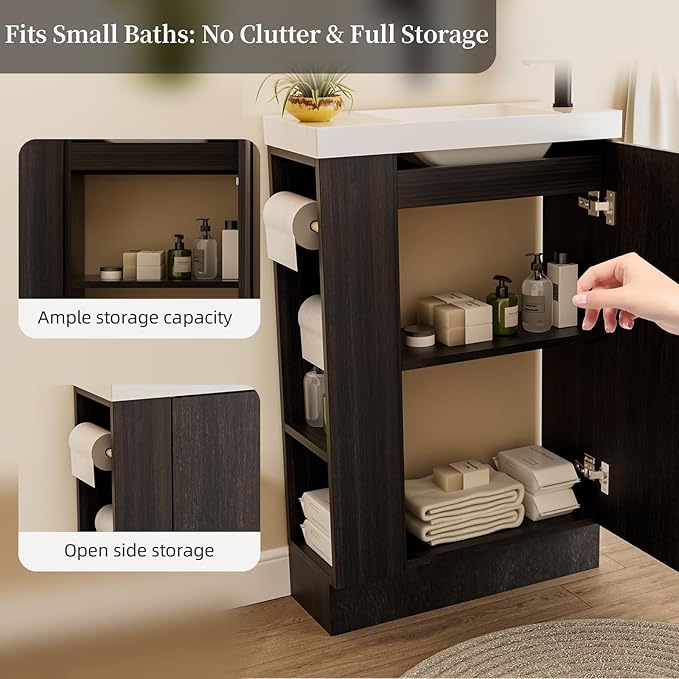 20" Small Bathroom Vanity with Sink Narrow Depth Bathroom Vanities,Wood Vanity Cabinet,Soft Closing Door,Adjustable Shelves,Modern Wall Decor,Black