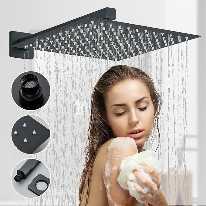 Shower Faucet Matte Black Shower System with 12 Inches Rain Shower Head and Handheld Spray Bathroom Luxury Rain Shower Faucet Set Complete Wall Mounted