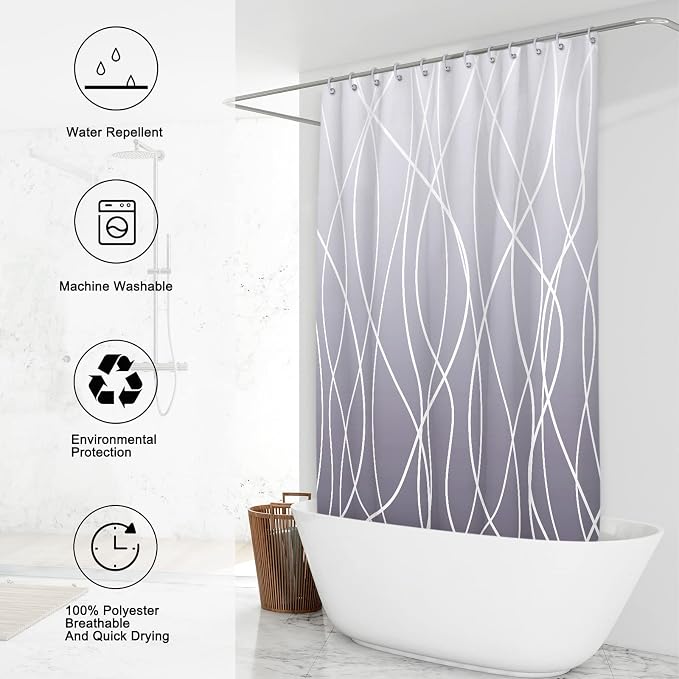Striped Shower Curtain for Bathroom, Ombre Purple, 72" W x 72" L | with Hooks, Modern Hotel Style, Water Repellent, Washable, Weighted Hem