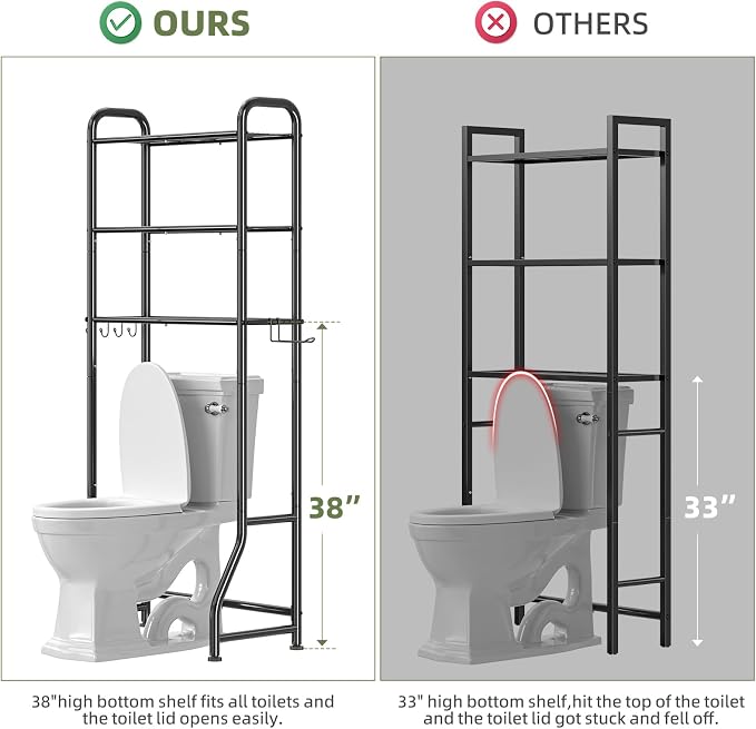 Simple Trending Over The Toilet Storage Rack, Metal 3 Tier Bathroom Organizer Shelf with Paper Holder and 3 Hooks, Freestanding Shelf Space Saver Above Toilet,Black