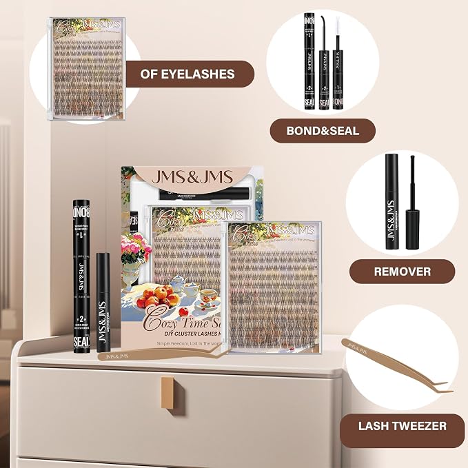 JMS&JMS Natural Look Lash Clusters Kit Wispy Eyelash Extension Kit | C Curl 8-16Mix Invisible Band Lashes Kit with Waterproof Lash Bond and Seal,Lash Remove DIY False Eyelashes at Home