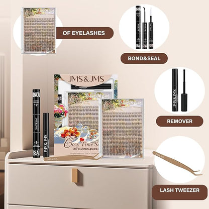JMS&JMS Natural Look Lash Clusters Kit Wispy Eyelash Extension Kit | C Curl 8-16Mix Invisible Band Lashes Kit with Waterproof Lash Bond and Seal,Lash Remove DIY False Eyelashes at Home