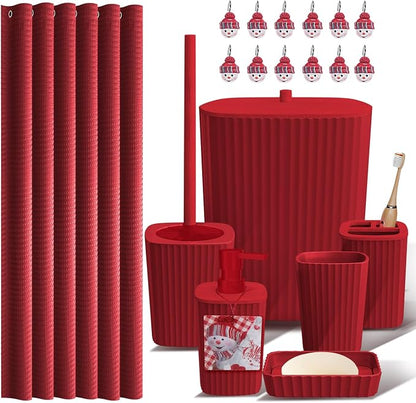 Clara Clark Bathroom Accessories Set - Christmas Shower Curtain Set, Xmas Bathroom Set, Christmas Bathroom Decor, Bathroom Accessory Set, Toilet Brush, Trash Can & Soap Dispenser - 19PC Set | 20 Piece Bathroom Accessories Set with Toothbrush Holder, So...