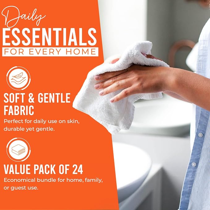 DAN RIVER 24 Pack Cotton Wash Cloths Set for Showering [12x12] Orange | Lighter Weight, Quick to Dry, Super Soft & Absorbent Face Towels, Hotel Quality, Perfect for Bathroom, Gym, Spa