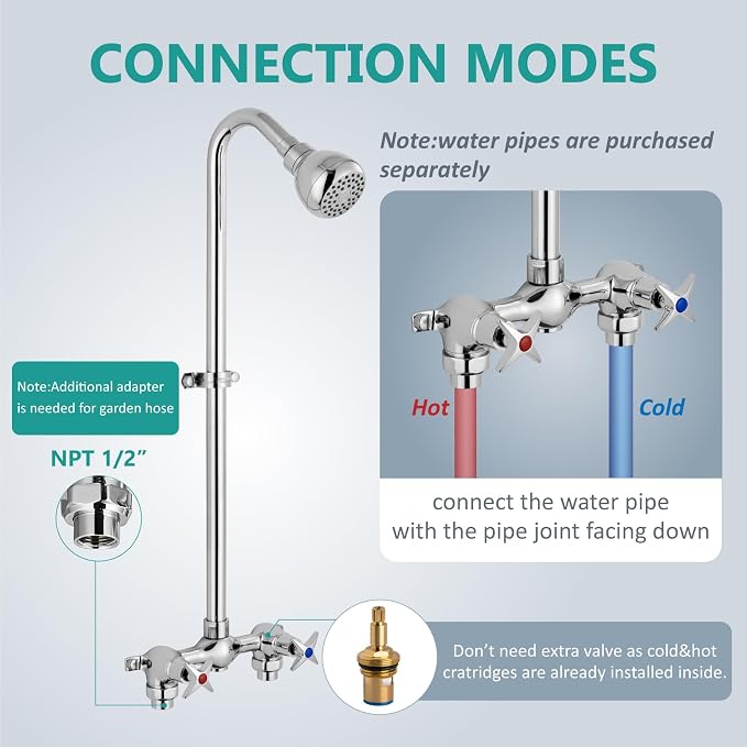 Aolemi Outdoor Shower Kit, 6-Inch Center, 2-Handle, Polish Chrome | Solid Brass Mixer Valve, SUS304 Shower Pipe, Dual-Handle Hot And Cold Control, Reversible Inlets, and Rotating Head