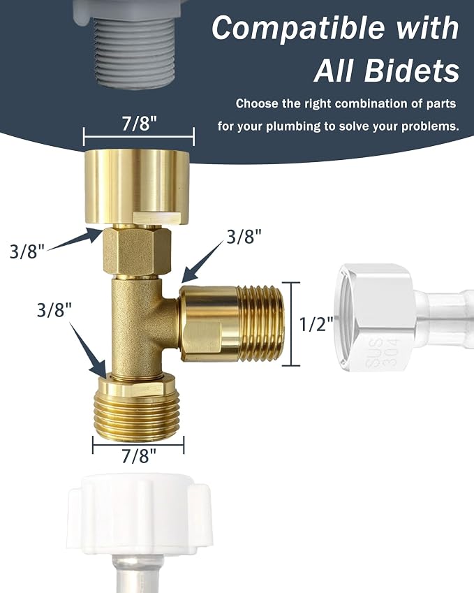 Universal Bidet T Adapter for Any Brand Bidet Hose, All-in-One Solution fit Toilet Tank Inlet or Angle Valve Outlet, 3/8"-7/8"-1/2", Brass Made
