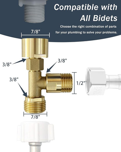 Universal Bidet T Adapter for Any Brand Bidet Hose, All-in-One Solution fit Toilet Tank Inlet or Angle Valve Outlet, 3/8"-7/8"-1/2", Brass Made