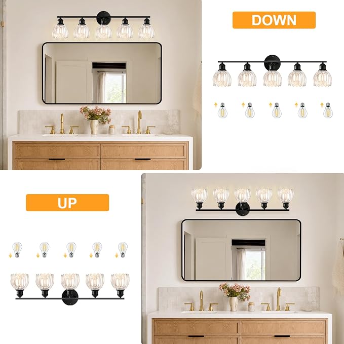 Bathroom Light Fixtures, 5-Light Brushed Black Vanity Lights for Bathroom with Clear Tulip Glass Shade, 30" Vintage Bathroom Vanity Lighting Fixtures Over Mirror for Bedroom Living Room Hallway