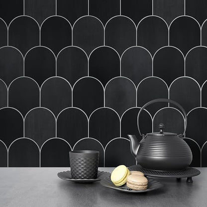SUNWINGS 10-Sheet Fish Scale Peel and Stick Backsplash Tile, 11.4'' x 10.9" Stone Composite Scallop Handmade Looks Self-Adhesive Wall Tiles for Kitchen Bathroom, Black