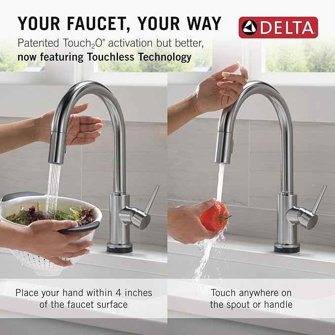 Delta Faucet Trinsic Touch Kitchen Faucet with Touchless Technology, Kitchen Faucet with Pull Down Sprayer, Brushed Nickel Kitchen Faucet, Touchless Kitchen Faucet, Arctic Stainless 9159TL-AR-DST